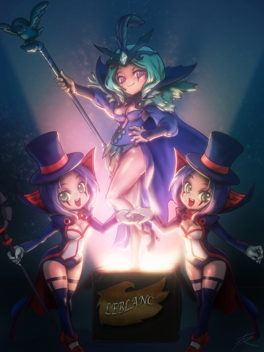 1200x1600_wallpaper 3:4_ratio 3girls cape character_name emilia_leblanc female gloves green_eyes green_hair hand_on_hip happy hat high_resolution holding_hands league_of_legends multiple_girls multiple_persona phantom_ix_row purple_hair staff text thigh-highs trio violet_eyes wallpaper weapon white_gloves white_handwear
