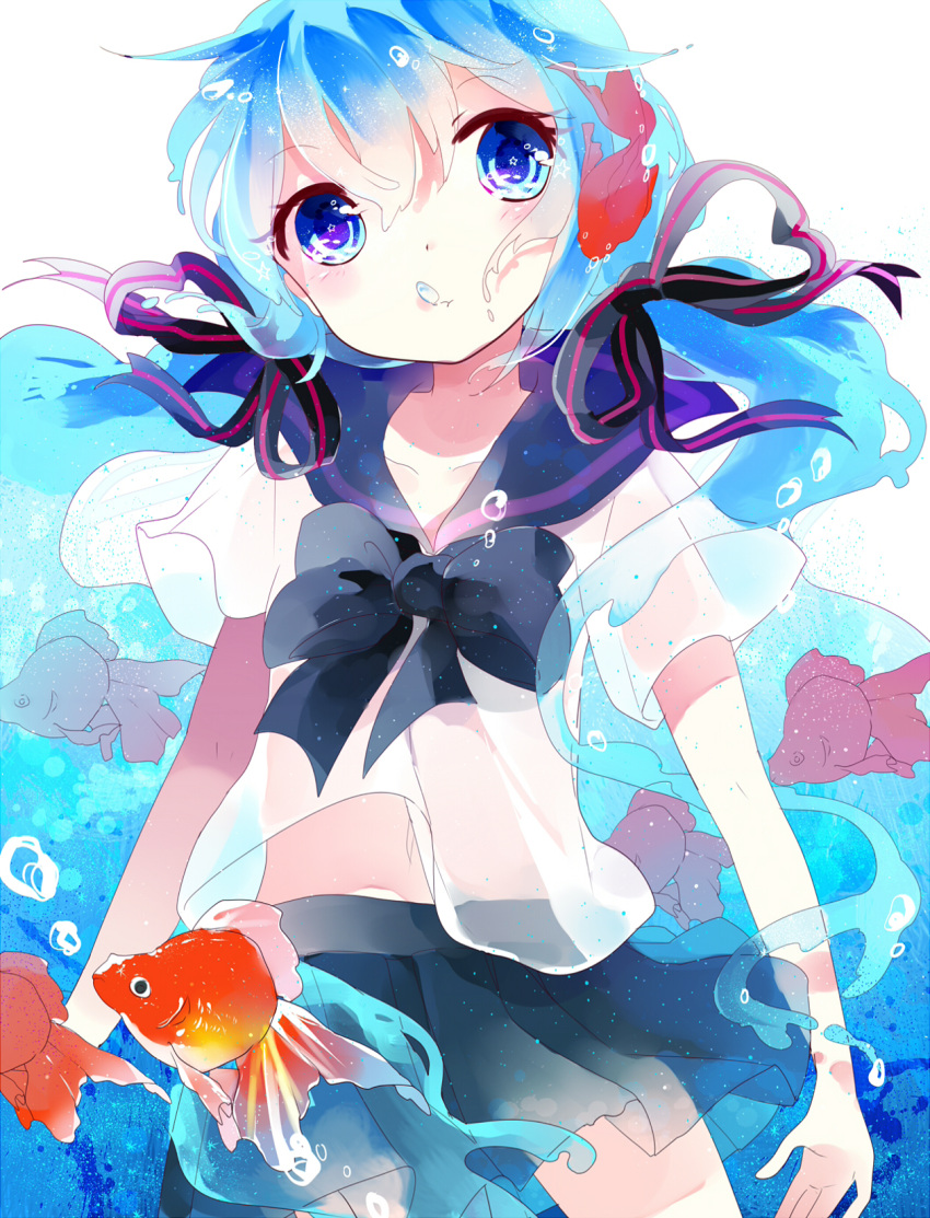 animal black_bow black_neckwear black_skirt blue_eyes blue_hair bottle_design bow closed_mouth collar_(clothes) expressionless female fish goldfish hair_ribbon hatsune_miku high_resolution light_background long_hair looking_at_viewer midriff multi-colored_ribbon pleated pleated_skirt remimim ribbon sailor_collar school_uniform shirt short_sleeves simple_background skirt solo striped striped_print striped_ribbon transparent_hair twintails uniform vocaloid water water_droplets white_background white_shirt