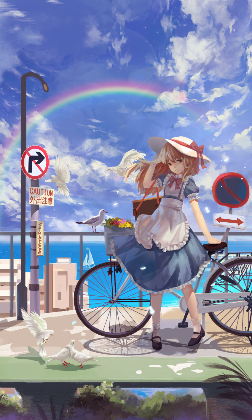 1girl absurdres apron bicycle bird blue_dress blue_sky boat bow brown_eyes clouds dress hat hat_bow highres kana_anaberal light_smile long_hair magician_(china) ocean pigeon puffy_short_sleeves puffy_sleeves railing rainbow road_sign sailboat short_sleeves sign sky solo touhou touhou_(pc-98) wind
