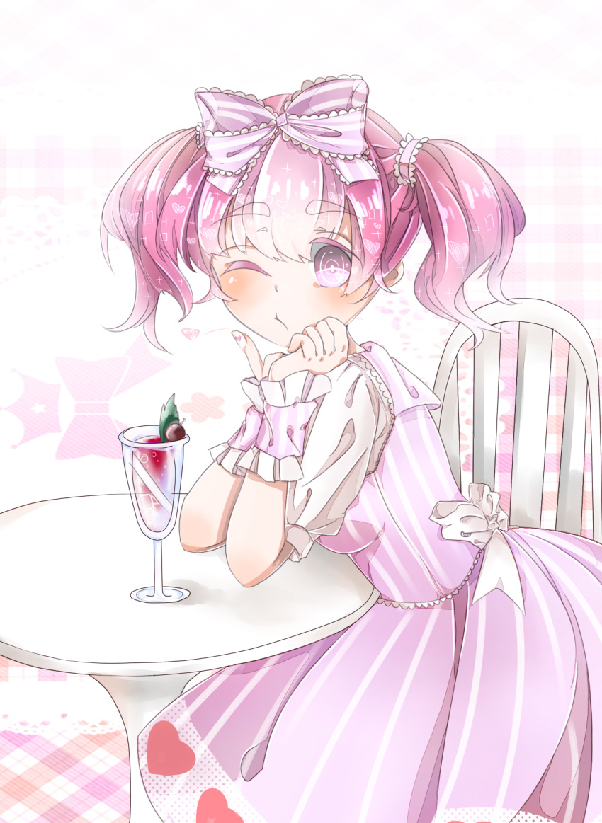 anthropomorphization bent_knees blush bow chair cuffs cuffs_design dress drink female frilled_cuffs frills giggles hair_bow happy_tree_friends heart high_resolution pink_dress pink_eyes pink_hair pink_outfit pixiv_id_14434053 png_conversion puffy_sleeves short_sleeves sitting sitting_on_chair solo striped striped_dress striped_print table twintails