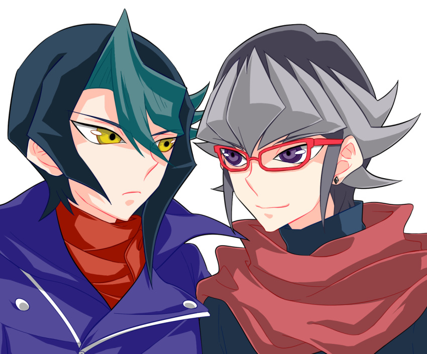 2boys akaba_reiji amber_eyes coat duo earrings frown grey_hair jewelry kurosaki_shun light_background long_sleeves male glasses multicolored_hair multiple_boys piercing pixiv_id_9315578 scarf short_hair simple_background smile two-tone_hair white_background yu-gi-oh! yu-gi-oh!_arc-v