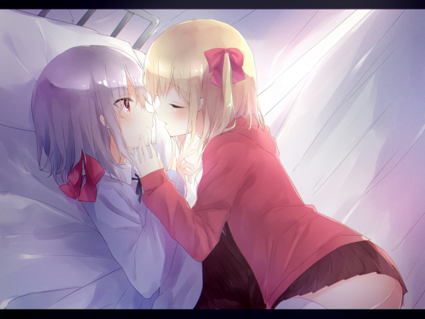 2girls alternate_costume ass bed blonde_hair border bow closed_eyes curtains dutch_angle face-to-face flandre_scarlet hair_bow hair_ornament hair_ribbon hand_on_another's_face highres hoodie long_sleeves looking_at_another lying miniskirt multiple_girls no_hat no_wings on_back on_bed open_mouth profile red_eyes remilia_scarlet ribbon sakuyunomi short_hair side_ponytail skirt sweater thigh-highs touhou white_legwear yuri