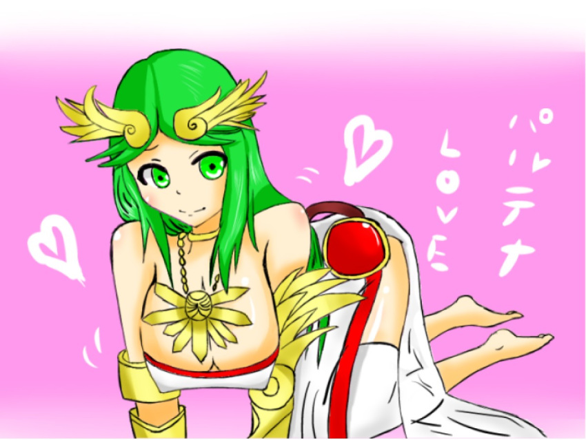 4:3_aspect_ratio all_fours ass breasts cleavage curvaceous green_eyes green_hair jewelry kid_icarus long_hair nintendo palutena smile