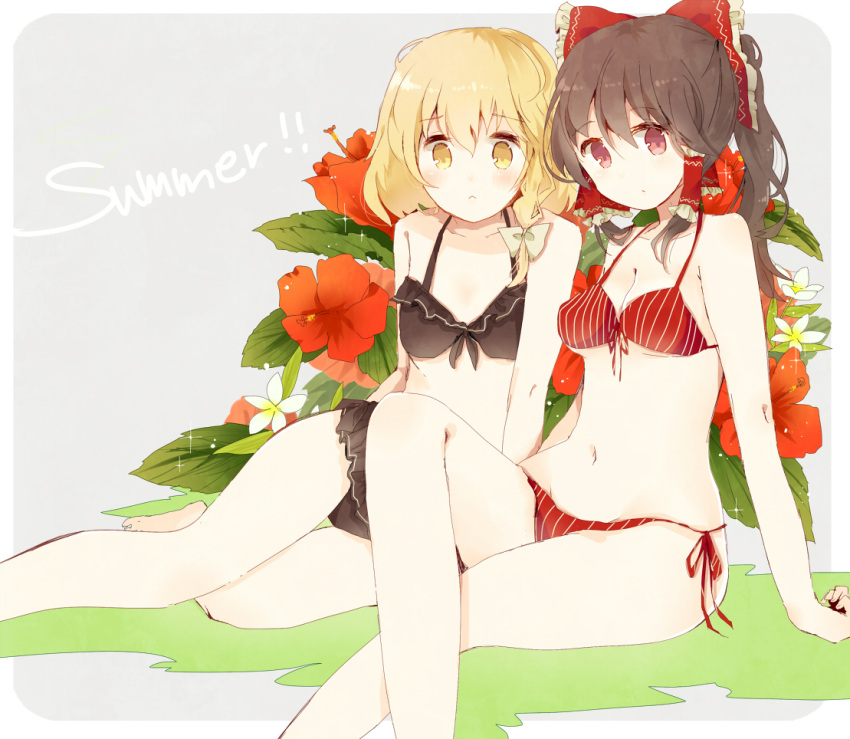 2girls bikini black_bikini blonde_hair braid brown_eyes brown_hair collarbone flower hakurei_reimu kirisame_marisa multiple_girls navel ponytail red_bikini side-tie_bikini single_braid sitting swimsuit tamagogayu1998 touhou yellow_eyes