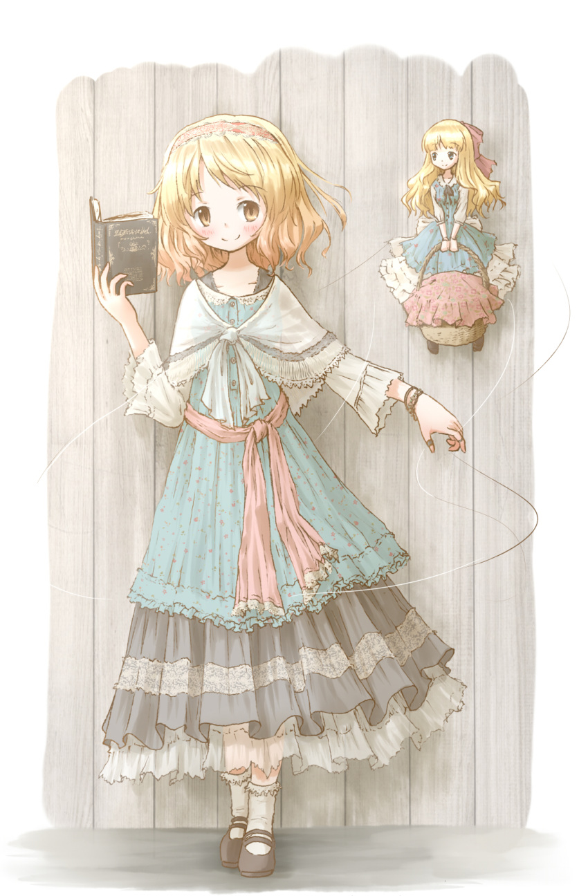 1girl adapted_costume alice_margatroid alternate_costume arinu basket blonde_hair blue_dress blush book bow bracelet capelet carrying dated doll dress embellished_costume full_body grimoire_of_alice hair_bow hair_ribbon hairband highres jewelry layered_dress long_hair long_sleeves looking_at_another looking_at_viewer mary_janes open_book puppet_rings puppet_strings ribbon sash shanghai_doll shoes short_hair smile socks solo touhou white_legwear wide_sleeves yellow_eyes