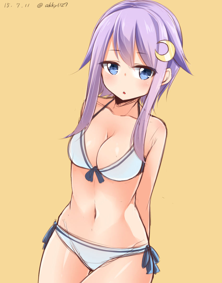 1girl akky_(akimi1127) arms_behind_back artist_name bikini blush breasts cleavage collarbone crescent_hair_ornament dated female front-tie_bikini front-tie_top hair_ornament halterneck highres kantai_collection looking_at_viewer navel number purple_hair short_hair_with_long_locks side-tie_bikini simple_background sketch solo swimsuit thigh_gap twitter_username white_bikini white_swimsuit yayoi_(kantai_collection) yellow_background