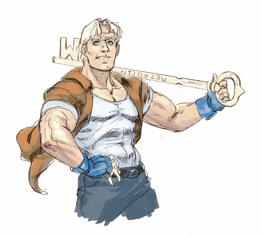 1boy blonde_hair blue_eyes casual cody_travers diepod facial_hair fingerless_gloves gloves jacket key male_focus muscle older open_clothes open_jacket oversized_object sleeves_rolled_up solo street_fighter stubble tank_top