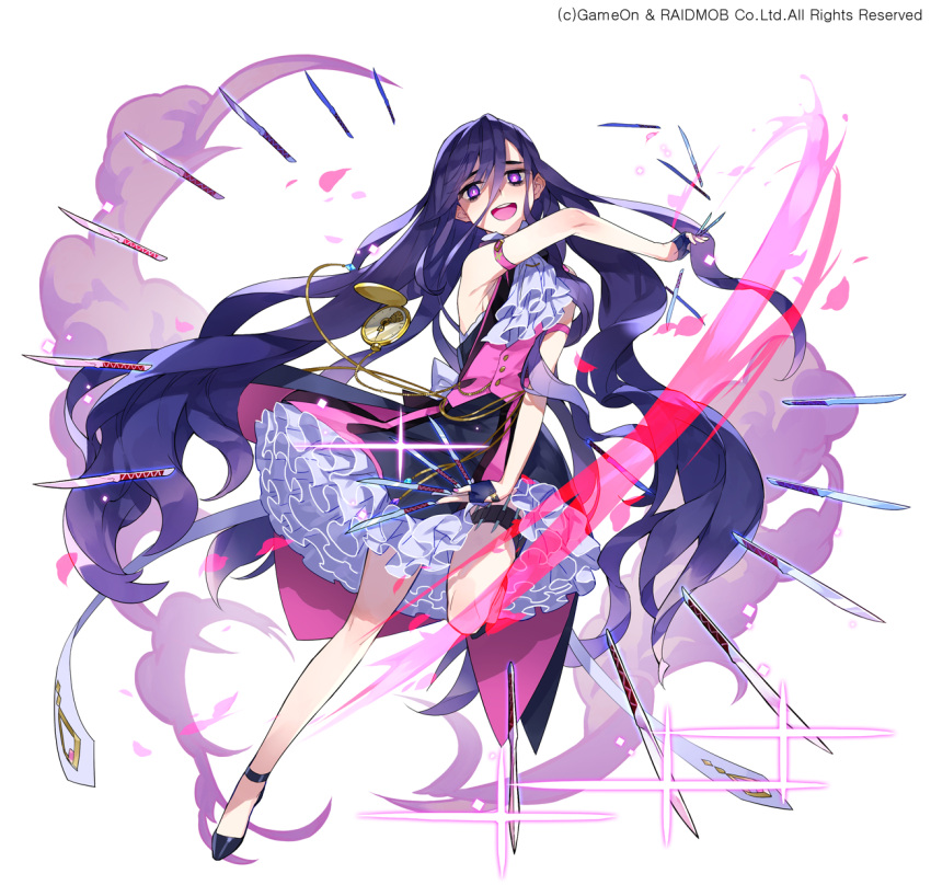 1girl ascot bare_shoulders dress fingerless_gloves frilled_dress frills gloves highres knife long_hair looking_at_viewer mansu official_art open_mouth original pocket_watch purple_hair smoke solo thigh_strap very_long_hair violet_eyes watch
