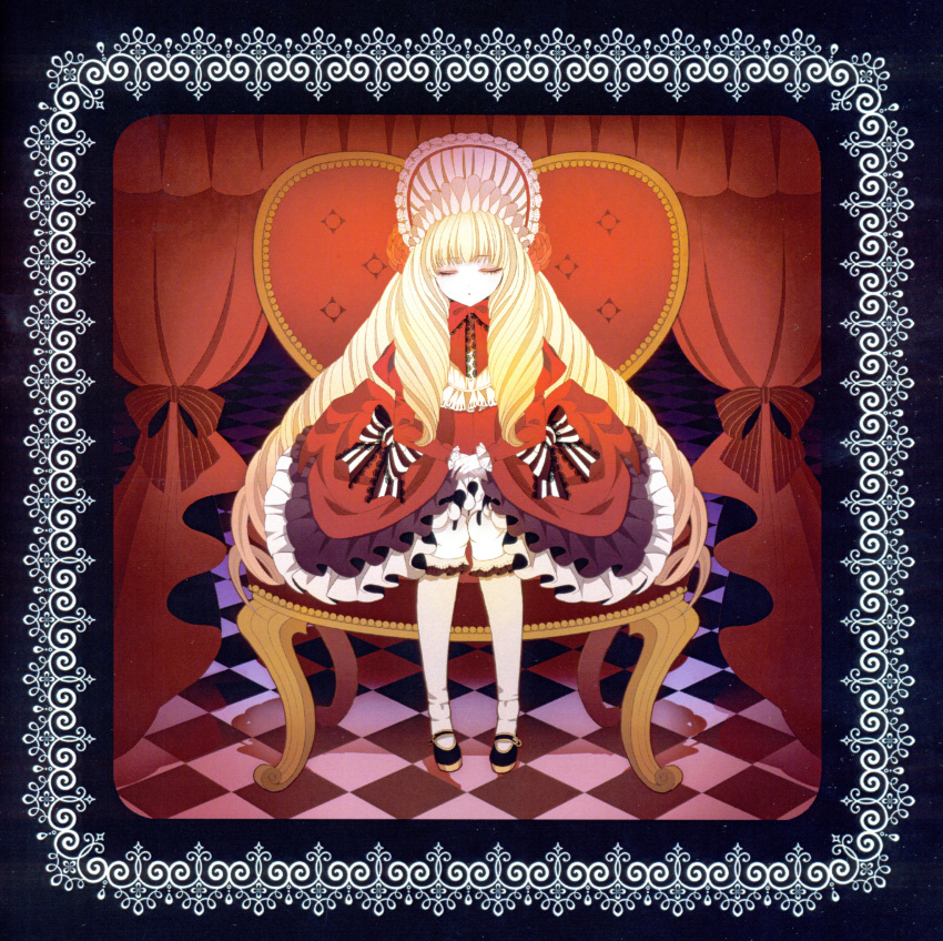 1:1_aspect_ratio bangs bare_knees bent_knees black_footwear blonde bow bowtie chair checkered checkered_floor closed_eyes curtains dress female frame frills full_body high_resolution knee_high_socks large_filesize long_hair long_sleeves mary_janes multicolored_bow original petticoat red_bow red_dress red_outfit ringlets rinko_(mg54) scan shoes sitting sitting_on_chair socks solo striped striped_bow striped_print very_high_resolution white_legwear