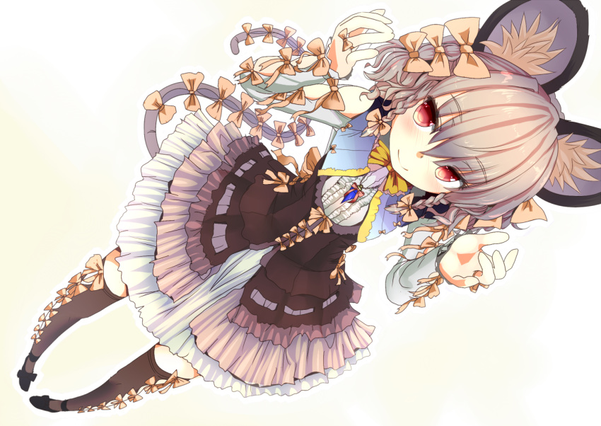 1girl alternate_costume animal_ears black_legwear blush bow braid dutch_angle foreshortening grey_hair hair_bow ishikkoro looking_at_viewer mouse_ears nazrin red_eyes short_hair skirt smile solo tail tail_bow thigh-highs touhou twin_braids
