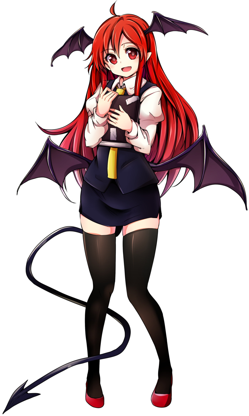 1girl absurdres adapted_costume alternate_costume baba_(baba_seimaijo) bat_wings black_legwear book book_hug demon_tail full_body harukawa_moe_(style) head_wings highres holding holding_book koakuma long_hair long_sleeves looking_at_viewer miniskirt necktie open_mouth pointy_ears puffy_sleeves red_eyes redhead shirt shoes simple_background skirt skirt_set smile solo tail thigh-highs touhou transparent_background vest wings zettai_ryouiki
