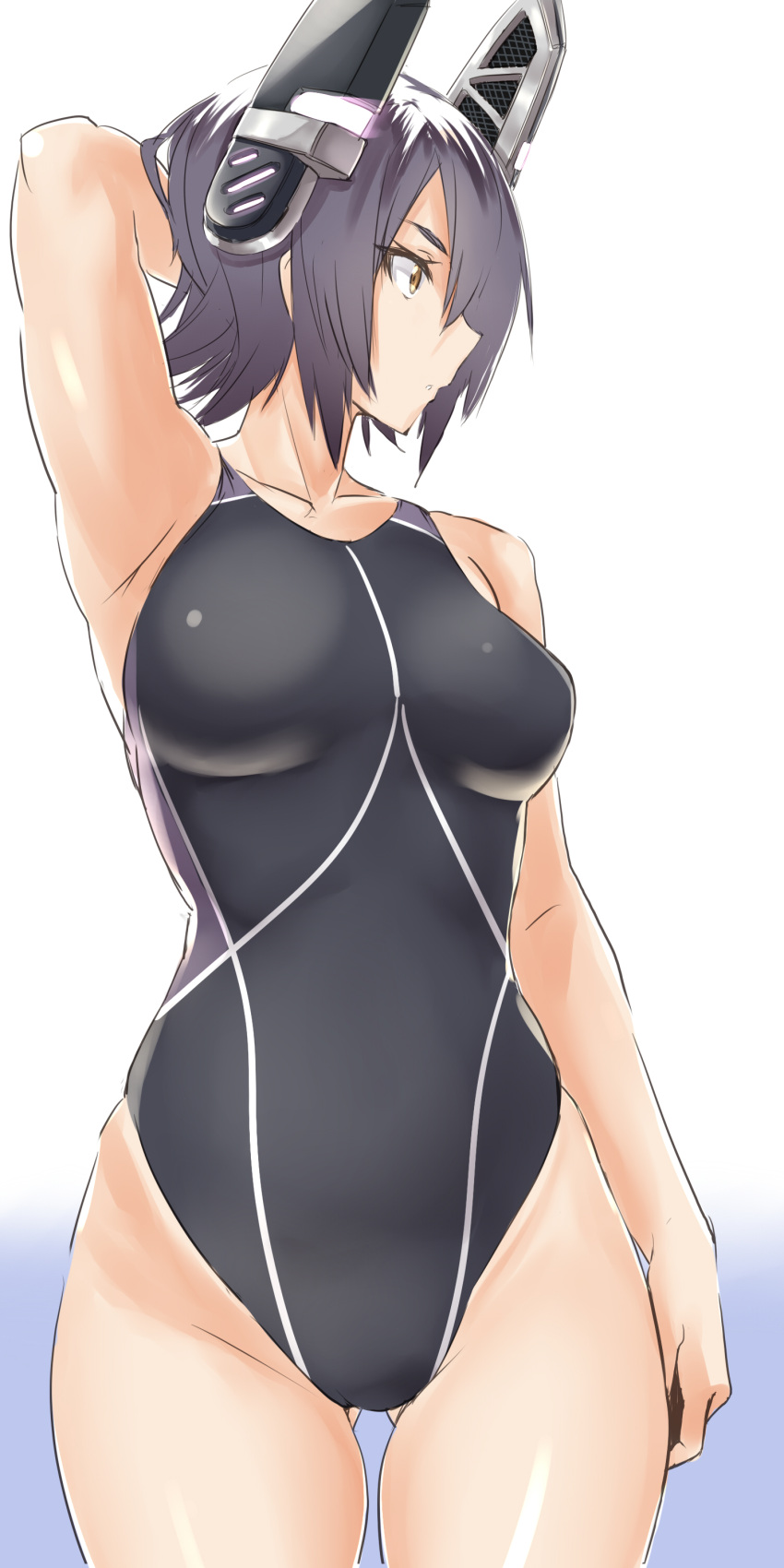 1girl absurdres arm_behind_head armpits breasts competition_swimsuit eyepatch hand_behind_head headgear highres hips kantai_collection looking_afar one-piece_swimsuit purple_hair short_hair simple_background solo swimsuit tenryuu_(kantai_collection) thigh_gap wamwam white_background yellow_eyes