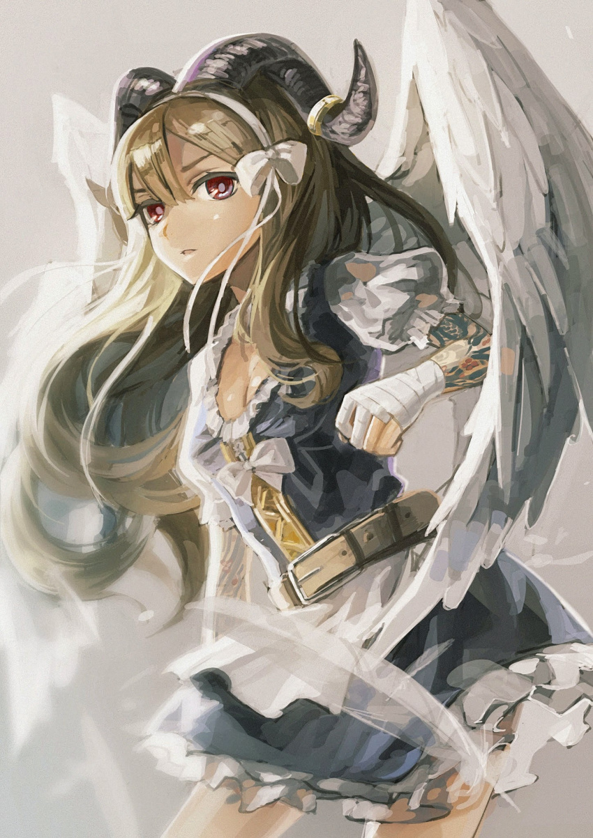1girl bandaged_hands belt breasts brown_hair cleavage highres horns long_hair looking_at_viewer original parted_lips pine_(yellowpine112) red_eyes solo wings