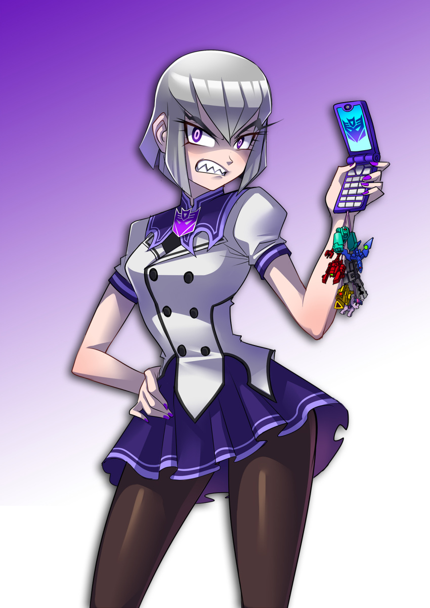 angry badge cellphone clenched_teeth decepticon genderswap highres humanization megatron pantyhose phone ryuusei_(mark_ii) silver_hair skirt transformers transformers_prime violet_eyes