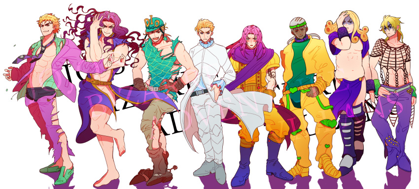 barefoot birthmark blonde_hair blue_eyes blush boots closed_eyes collar cosplay costume_switch cowboy_boots diavolo diego_brando dio_brando double_chin dual_persona earrings embarrassed enrico_pucci fangs fat_man fishnets formal funny_valentine green_eyes grey_hair hat headband highres horns jacket jewelry joestar_birthmark jojo_no_kimyou_na_bouken jojo_pose kars_(jojo) kira_yoshikage knee_pads loincloth long_coat necktie oversized_clothes pink_hair pointy_shoes purple_hair red_eyes scarf shadow shimura_(yoshikatu) shoes spurs steel_ball_run suit sweat tattoo torn_clothes undersized_clothes wristband