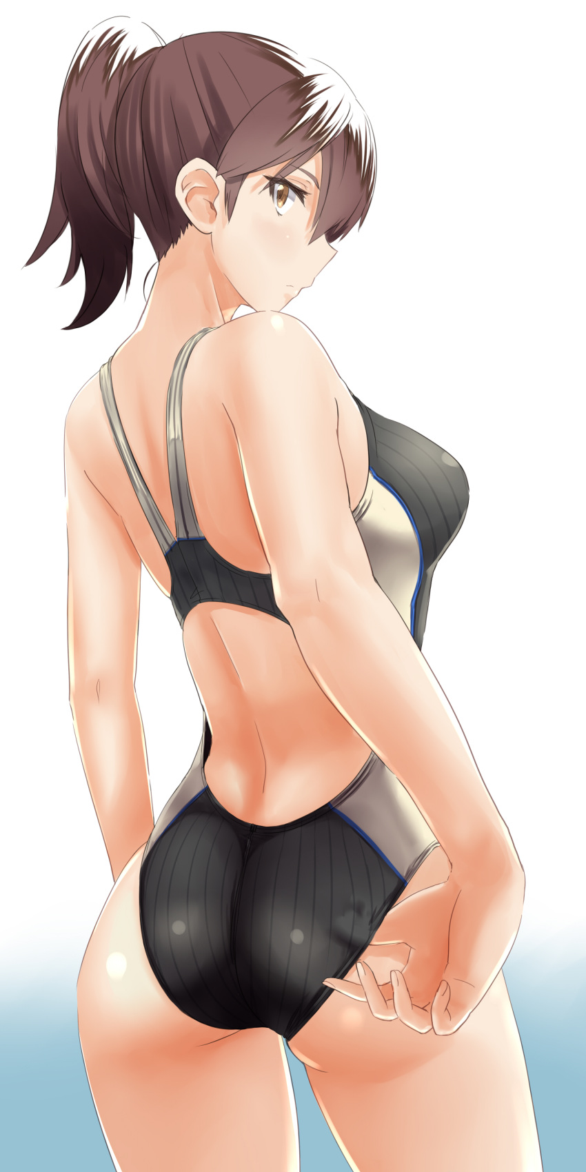 1girl absurdres adjusting_clothes adjusting_swimsuit ass back back_cutout breasts brown_eyes brown_hair competition_swimsuit from_behind gradient gradient_background highres kaga_(kantai_collection) kantai_collection looking_at_viewer looking_back one-piece_swimsuit side_ponytail simple_background solo swimsuit wamwam white_background