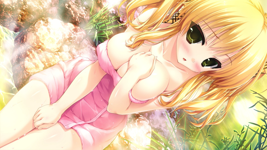 1girl :o blonde_hair blush breasts cleavage dutch_angle green_eyes large_breasts long_hair naked_towel prism_recollection! shintarou solo steam towel uisaki_hinano water