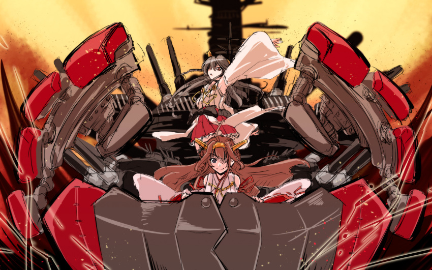 2girls arm_up armor_girls_project bare_shoulders black_hair boots brown_eyes brown_hair camouflage cannon crossed_arms dazzle_paint detached_sleeves double_bun embers hair_ornament hair_over_one_eye hairband hairclip haruna_(kantai_collection) headgear highres japanese_clothes kantai_collection kongou_(kantai_collection) long_hair machinery mechanical_arms multiple_girls nontraditional_miko open_mouth remodel_(kantai_collection) skirt smile thigh-highs thigh_boots tsukineko