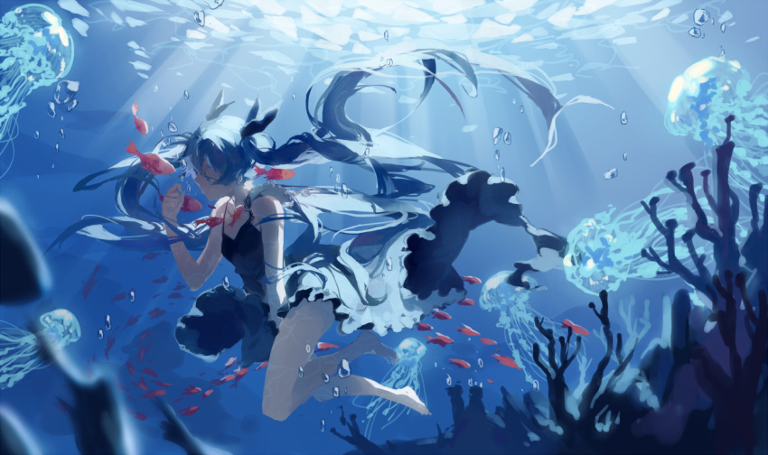 animal bare_knees bare_legs barefoot black_dress black_outfit blue blue_eyes blue_hair bow bubble closed_mouth deep-sea_girl dress exposed_shoulders expressionless feet female fish frilled_dress frills hair_bow hatsune_miku jellyfish long_hair pixiv_id_11376797 png_conversion sleeveless sleeveless_dress solo twintails underwater vocaloid water water_bubbles