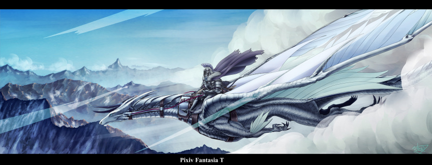 armor armor_boots bent_knees black_border boots cape clouds copyright_name cuirass dragon flying frame gauntlets helmet high_resolution horns knight male midair mountain numnah pixiv_fantasia pixiv_fantasia_t pixiv_id_269566 riding shoes side_view sitting sky solo text warrior