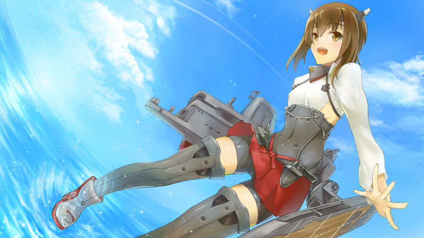 16:9_aspect_ratio anthropomorphization bodysuit boots brown_eyes brown_hair happy high_resolution kantai_collection pajant short_hair shorts skirt sky taihou wallpaper water