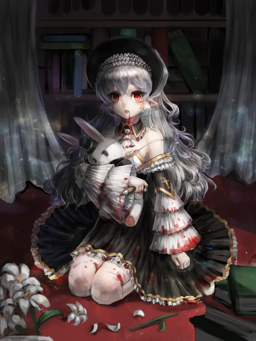absurdres bangs blood blood_from_mouth bloody_clothes book bookshelf bow cross curtains detached_collar dress fangs flower hat highres lily_(flower) lolita_fashion long_hair pointy_ears red_eyes ruffled_skirt ruffled_sleeves silver_hair stake stuffed_animal stuffed_bunny stuffed_toy top_hat vampire very_long_hair zonekiller10