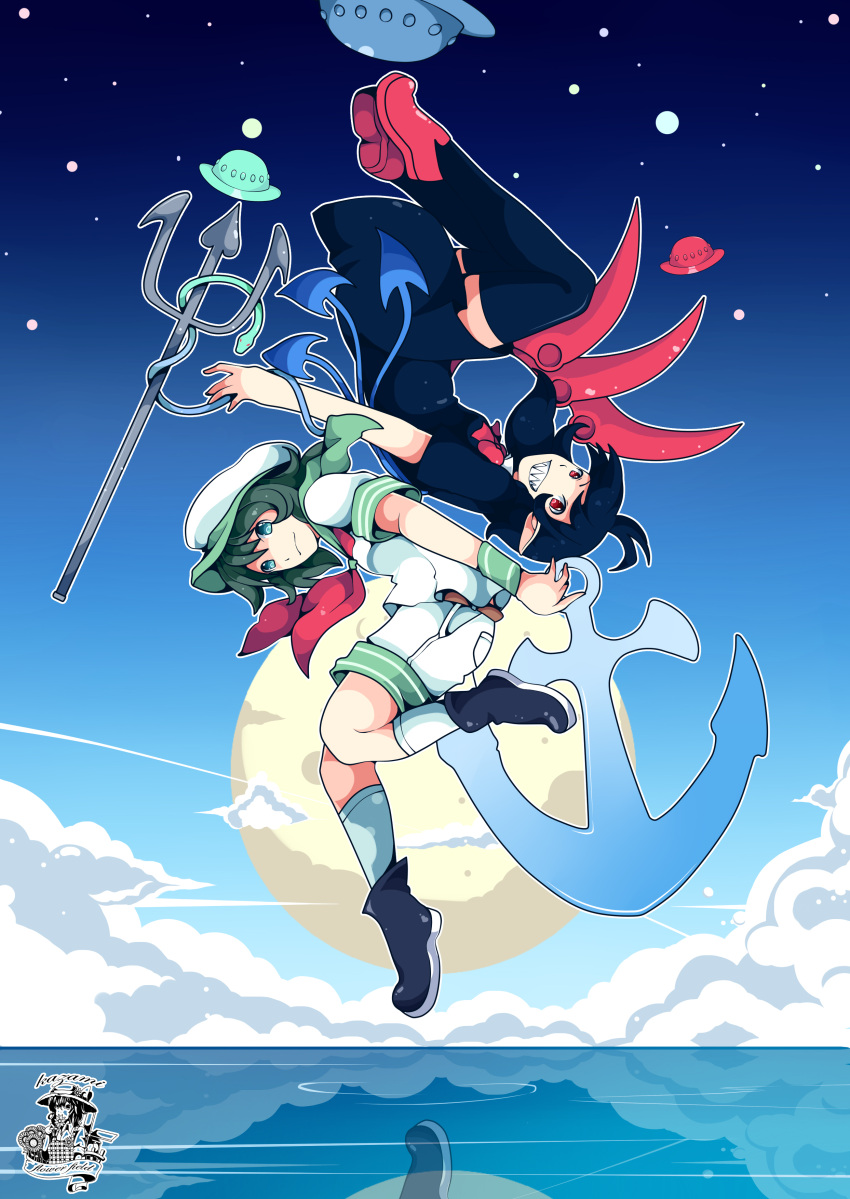 2girls anchor asymmetrical_wings bent_knees black_hair blue_eyes blue_sky boots closed_mouth clouds duo female grin high_resolution houjuu_nue looking_at_viewer multiple_girls murasa_minamitsu neckerchief open_mouth pixiv_id_8327064 polearm red_eyes red_neckwear sailor sharp_teeth shoes short_hair shorts sky smile space_craft staff star_(sky) teeth thigh-highs touhou trident ufo upside-down very_high_resolution water watermark weapon wings zettai_ryouiki