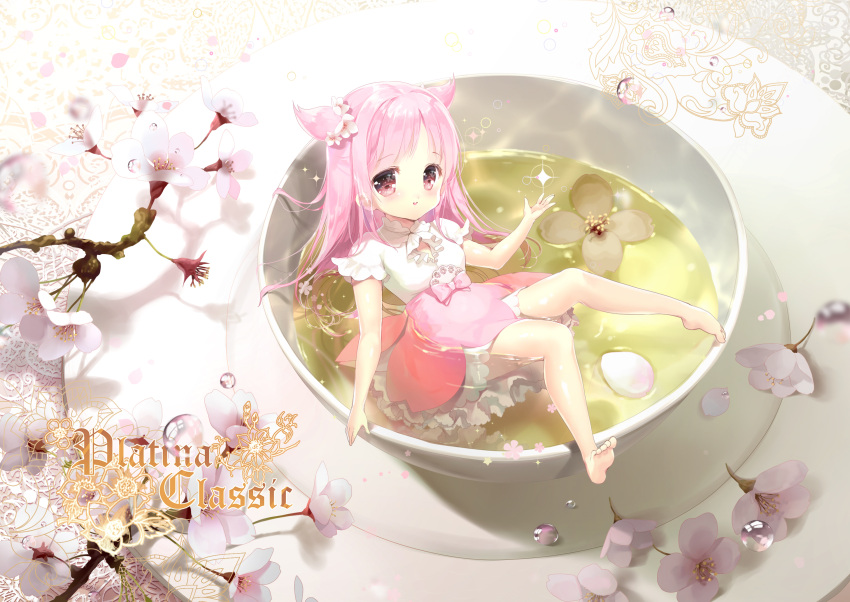 barefoot cherry_blossom child feet high_resolution long_hair miteddy pink_hair potential_duplicate skirt twintails violet_eyes water wet