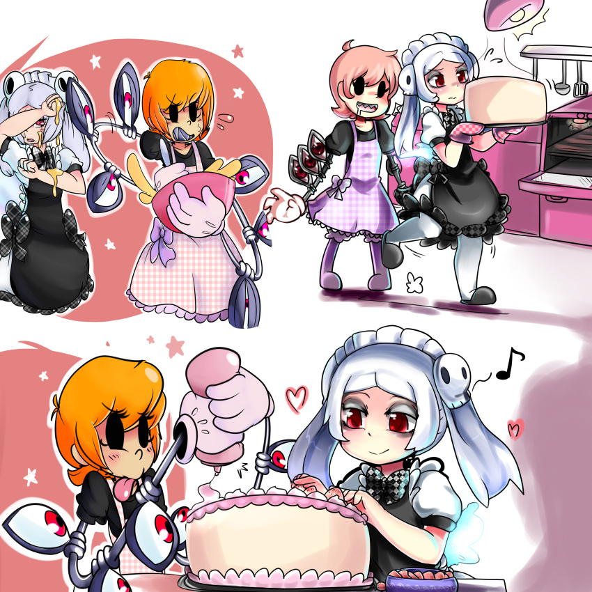 2girls absurdres apron baking bloody_marie_(skullgirls) blush cake captainkirb checkered_apron cooking extra_eyes eye_socket food frills fruit gloves hair_ornament heart highres kitchen magicalchan maid_headdress mechanical_arms mixing_bowl multiple_girls musical_note orange_hair oven pantyhose peacock_(skullgirls) red_eyes ribbon saliva sharp_teeth short_hair skull skull_hair_ornament star strawberry tongue tongue_out twintails whisk white_gloves