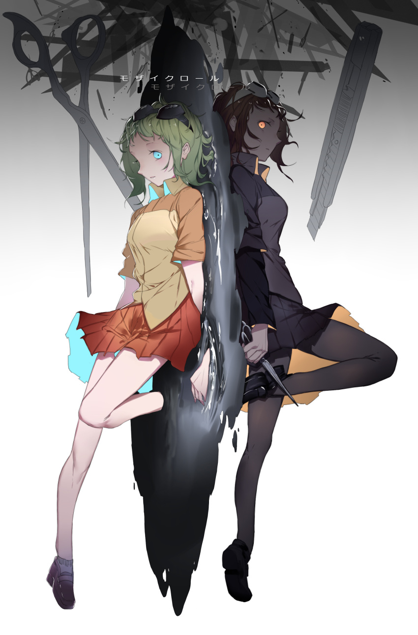 2girls bent_knees black_outfit blue_eyes dark_persona duo evil expressionless female full_body goggles goggles_on_head goggles_removed green_hair gumi high_resolution japanese_language long_sleeves looking_at_viewer medium_hair mosaic_role multiple_girls multiple_persona pantyhose pixiv_id_2805050 scissors short_sleeves sidelocks skirt song_title standing text very_high_resolution vocaloid