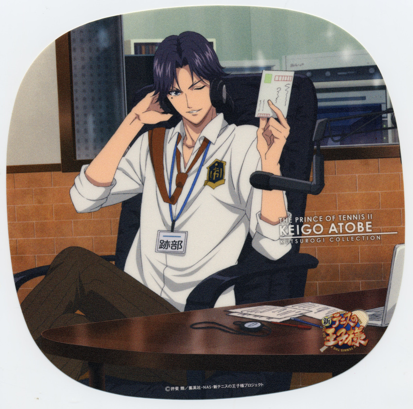 atobe_keigo bangs bent_knees brown_pants chair character_name copyright_name crossed_legs frame hand_on_headphones headphones high_resolution holding_object hyotei_academy indoors konomi_takeshi large_filesize light_background logo looking_at_viewer male mole necktie official_art one_eye_closed pants paper parted_bangs pencil prince_of_tennis rounded_corners scan school_uniform short_hair simple_background sitting sitting_on_chair sleeves_rolled_up smile solo sparkle table text uniform very_high_resolution white_background wink