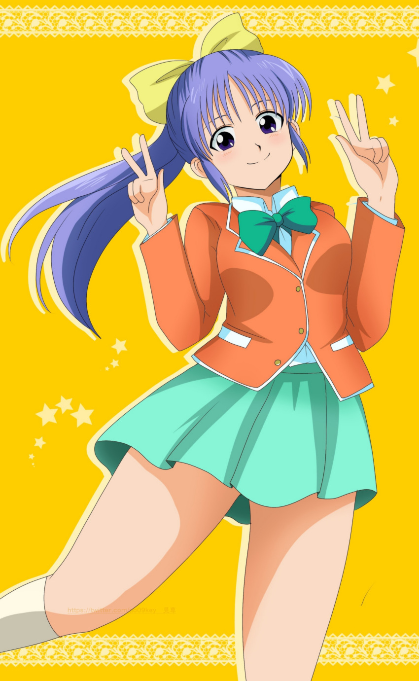 bow bowtie female hair_bow high_resolution looking_at_viewer nosaka_miho pixiv_id_14867868 purple_hair school_uniform simple_background skirt smile socks solo star_(symbol) uniform very_high_resolution violet_eyes yellow_background yu-gi-oh! yu-gi-oh!_(1st_series)