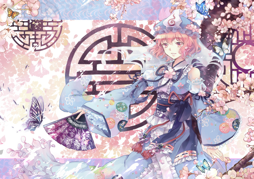 1girl adapted_costume alternate_costume blue_dress butterfly cherry_blossoms detached_sleeves dress ekira_nieto fan floral_background floral_print flower frills grin hat hat_flower highres japanese_clothes kimono long_sleeves mob_cap obi outstretched_arm petals pink_eyes pink_hair puffy_sleeves ribbon saigyouji_yuyuko sash see-through short_hair smile solo touhou triangular_headpiece veil wide_sleeves