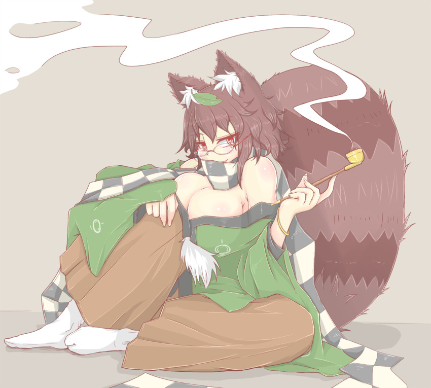 1girl animal_ears bare_shoulders breasts brown_hair checkered checkered_scarf cleavage cube85 full_body futatsuiwa_mamizou glasses japanese_clothes kiseru leaf leaf_on_head long_sleeves looking_at_viewer off_shoulder pants pipe raccoon_ears raccoon_tail red-framed_glasses red_eyes scarf short_hair sitting smile smoke socks solo tail touhou white_legwear wide_sleeves