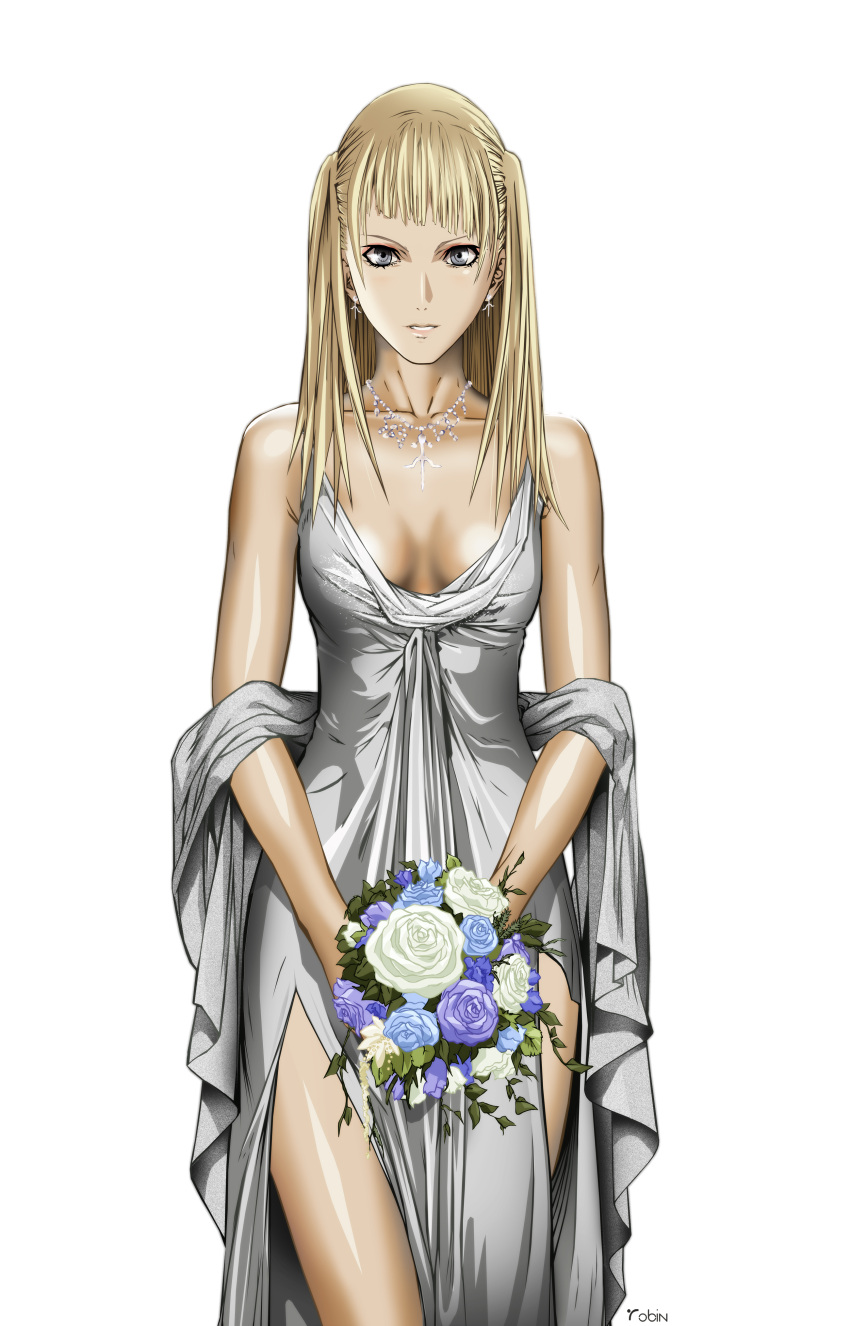 1girl absurdres blonde_hair bouquet breasts claymore cleavage dietrich dress flower highres rose solo vector_trace yagi_norihiro