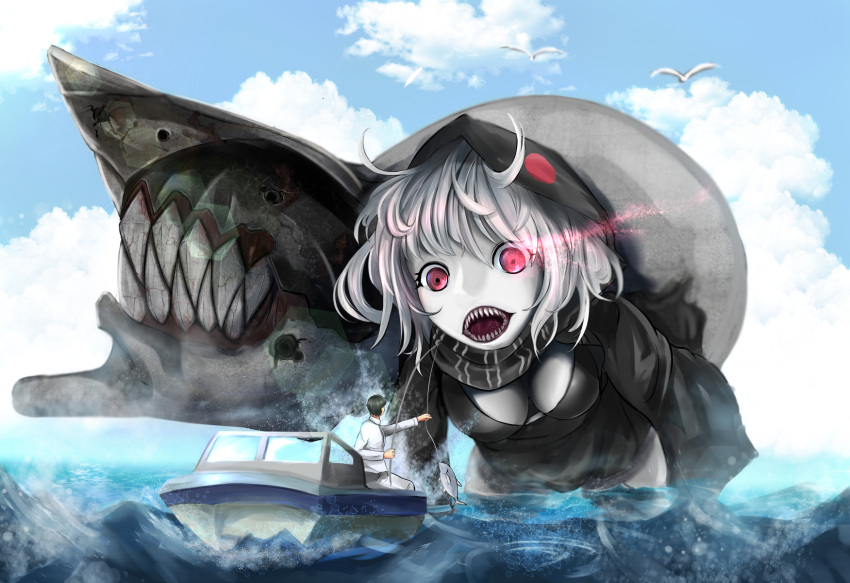 1boy 1girl admiral_(kantai_collection) bird blue_sky boat breasts cleavage clouds downblouse fish fishing fishing_rod giantess glowing glowing_eyes highres hood kantai_collection looking_at_another ocean open_mouth re-class_battleship red_eyes scarf seagull sharp_teeth shinkaisei-kan short_hair silver_hair sinkai sky