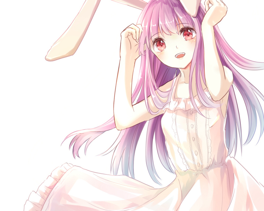1280x1024_wallpaper 5:4_aspect_ratio alternative_costume animal_ears buttons dress exposed_shoulders female frills light_background long_hair open_mouth pixiv_id_2634034 purple_hair rabbit_ears red_eyes reisen_udongein_inaba simple_background sleeveless sleeveless_dress smile solo touhou wallpaper wallpaper_5:4_ratio white_background white_dress white_outfit