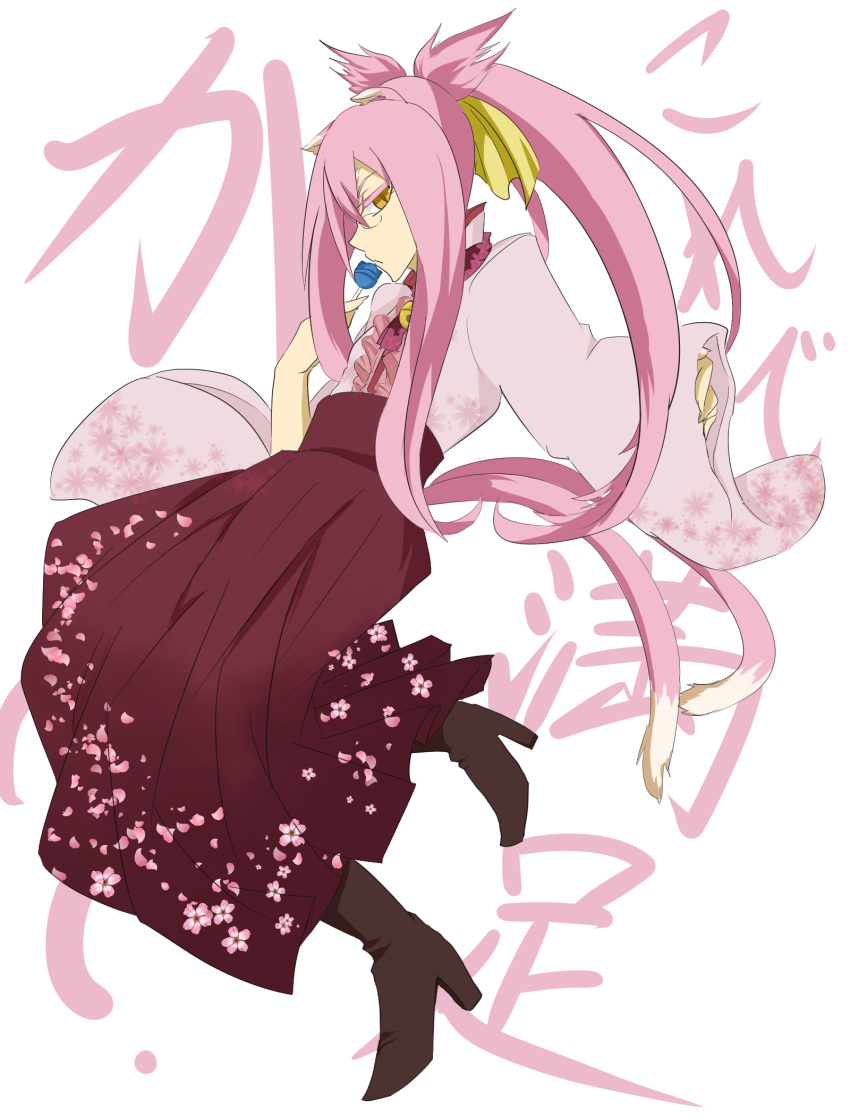 1girl animal_ears bell bell_collar blazblue boots candy cat_ears cat_tail collar flat_chest full_body glasses hakama high_heel_boots high_heels highres japanese_clothes kimono kokonoe lollipop long_hair multiple_tails petals pince-nez pink_hair slit_pupils solo tail two_side_up yellow_eyes