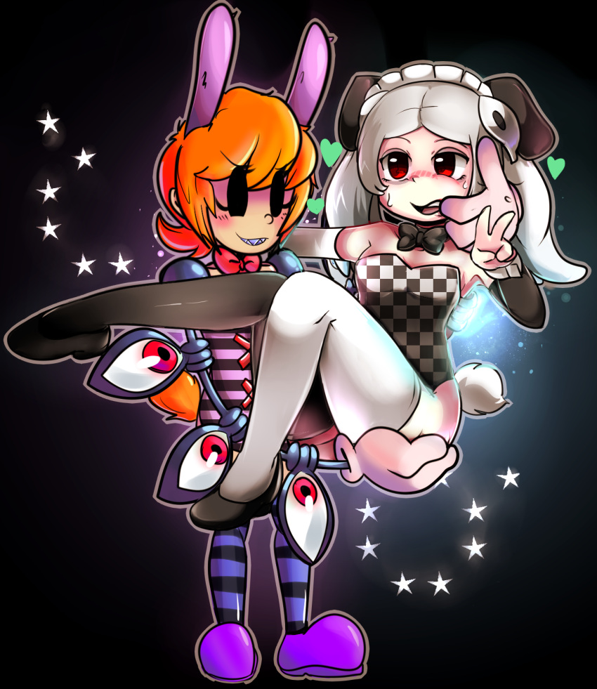 2girls animal_ears arm_around_neck black_background bloody_marie_(skullgirls) blush bow bowtie captainkirb checkered dog_ears extra_eyes eye_socket finger_in_another's_mouth finger_in_mouth gloves hair_ornament heart highres holding magicalchan maid_headdress mechanical_arms multiple_girls orange_hair peacock_(skullgirls) rabbit_ears red_eyes redhead sharp_teeth shirt short_hair star striped striped_legwear striped_shirt sweat tail thigh-highs twintails white_gloves white_legwear