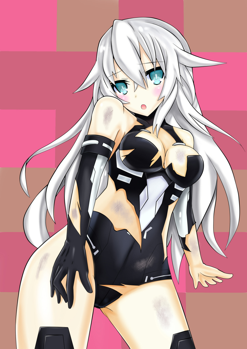 1girl black_heart blue_eyes blush breasts cleavage damaged high_resolution hyperdimension_neptunia long_hair looking_at_viewer neptune_(series) noire scuffed solo symbol-shaped_pupils tatsuya_ishikawa very_high_resolution very_long_hair white_hair