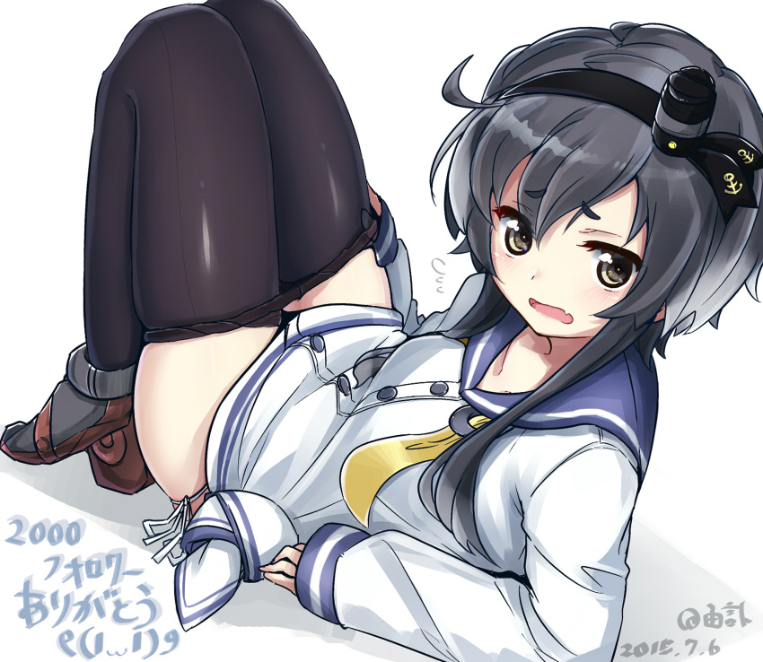 1girl adjusting_clothes adjusting_legwear black_hair black_legwear brown_eyes clothes_removed hairband highres kantai_collection lying multicolored_hair open_mouth pantyhose sailor_dress seamed_legwear shirt short_hair short_hair_with_long_locks side-seamed_legwear solo tied_shirt tokitsukaze_(kantai_collection) yufuissei0702