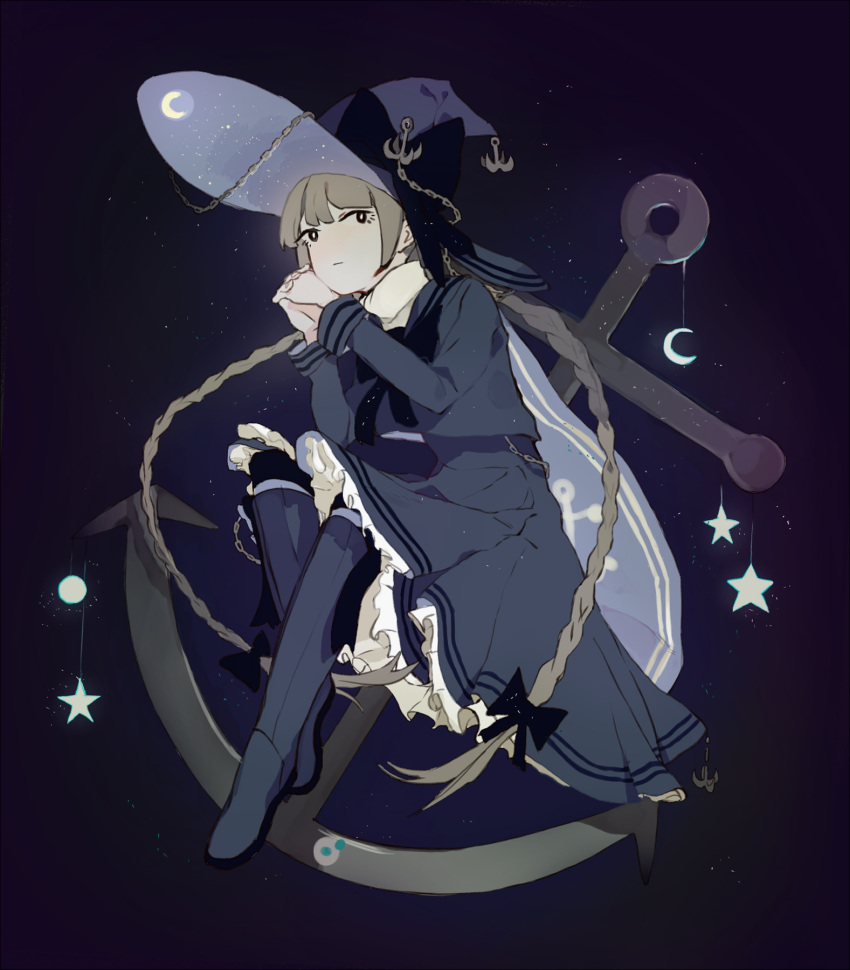 anchor bent_knees black_eyes blue_footwear blue_hat blue_headwear blue_shirt blue_skirt boots bow chain dark_colors expressionless female frills hat high_resolution looking_at_viewer moon_(symbol) pixiv_id_5152320 png_conversion sailor shirt shoes sitting skirt solo star_(symbol) twintails wadanohara wadanohara_and_the_great_blue_sea witch_hat