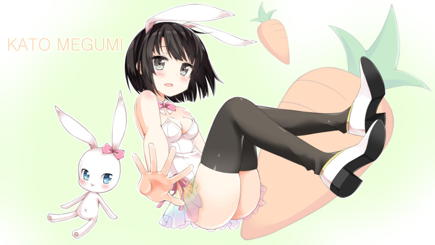 1girl animal_ears artist_request bare_arms black_eyes black_hair black_legwear bowtie breasts bunnysuit carrot character_request cleavage copyright_request detached_collar fake_animal_ears highres katou_megumi open_mouth outstretched_hand rabbit_ears saenai_heroine_no_sodatekata short_hair solo stuffed_animal stuffed_bunny stuffed_toy thigh-highs