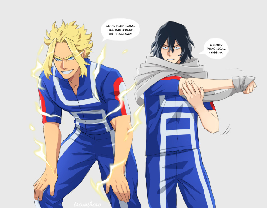 2boys black_hair blonde_hair blue_eyes blue_pants blue_shirt boku_no_hero_academia energy english_text eraser_head_(boku_no_hero_academia) grey_background grey_scarf grin hair_between_eyes hands_on_own_knees highres leaning_forward male_focus multicolored_pants multicolored_shirt multiple_boys pants parted_lips red_shirt scarf shirt sidelocks simple_background smile speech_bubble sportswear teeth trevo_(trevoshere) u.a._gym_uniform white_pants white_shirt yagi_toshinori