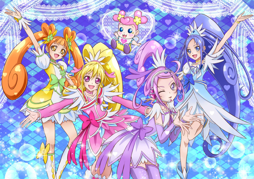 ahoge ai-chan_(dokidoki!_precure) aida_mana amber_eyes blonde blue_dress blue_eyes blue_hair blue_outfit blush child cure_diamond cure_heart cure_rosetta cure_sword dokidoki!_precure double_bun dress female high_ponytail hishikawa_rikka kenzaki_makoto little_girl long_hair looking_at_viewer magical_girl one_arm_up one_eye_closed orange_hair pink_dress pink_eyes pink_hair pink_outfit pixiv_id_423478 ponytail precure purple_dress purple_hair purple_outfit quintet side_ponytail smile standing twintails violet_eyes wink yellow_dress yellow_outfit yotsuba_alice