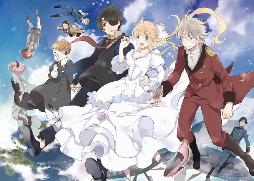 aldnoah_zero asseylum_vers_allusia barefoot black_eyes black_hair blonde blush braid brown_hair calm_craftman child dress eddelrittuo eyepatch feet flower green_eyes group hairband happy harklight high_heels holding_hands jewelry jusc0 kaizuka_inaho lemrina_vers_envers mikuni_okisuke necktie pantyhose pink_hair rayet_areash shoes short_hair shorts sky slaine_troyard smile surprised uniform