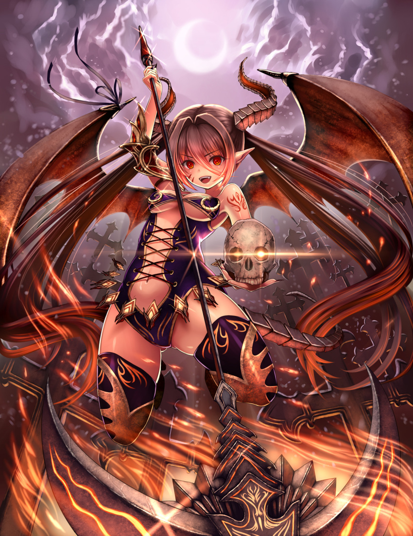 brown_hair devil happy high_resolution horns long_hair moon pointed_ears polearm re:shimashima☆ red_eyes sky tail tattoo twintails weapon wings