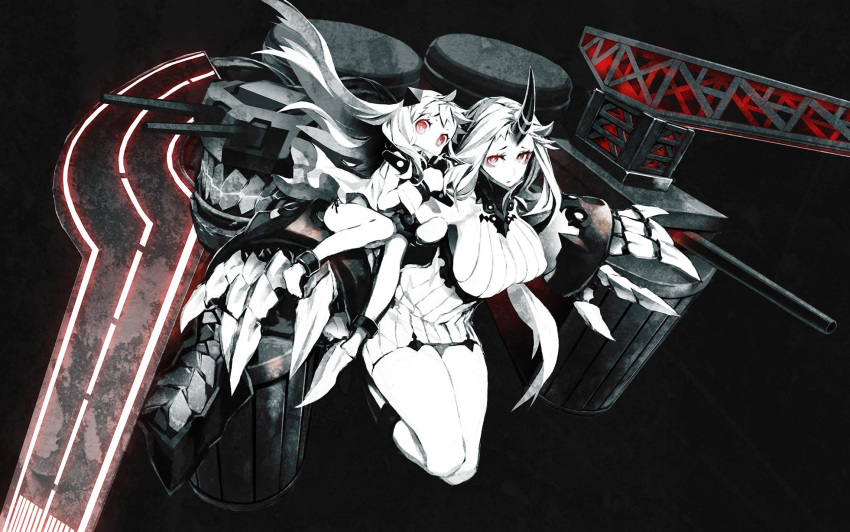 2girls bags_under_eyes breasts claws dress highres horn horns kantai_collection large_breasts long_hair miwa_shirou multiple_girls northern_ocean_hime red_eyes ribbed_dress seaport_hime shinkaisei-kan turret white_dress white_skin