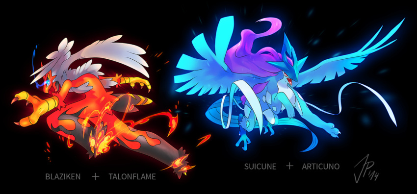 articuno black_background blaziken cat-meff character_fusion character_name dark_background duo feathered_wings fire full_body glowing glowing_eyes legendary_pok&eacute;mon no_people open_mouth png_conversion pokemon pokemon_species simple_background suicune talonflame text wings