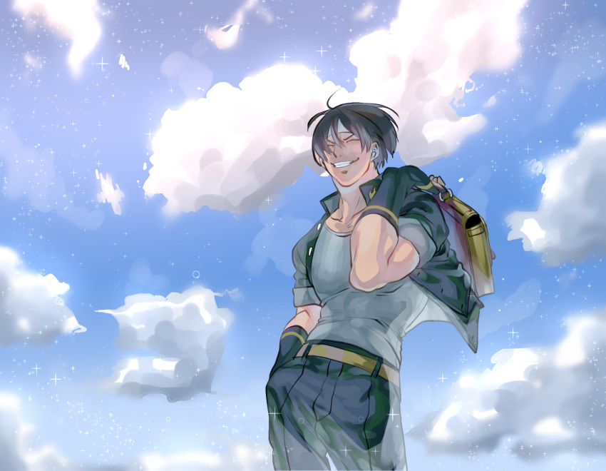 belt brown_eyes brown_hair closed_eyes clouds fingerless_gloves gloves hand_in_pocket headband highres hohehohe jacket king_of_fighters kusanagi_kyou male_focus school_uniform short_hair sky smile snk solo t-shirt